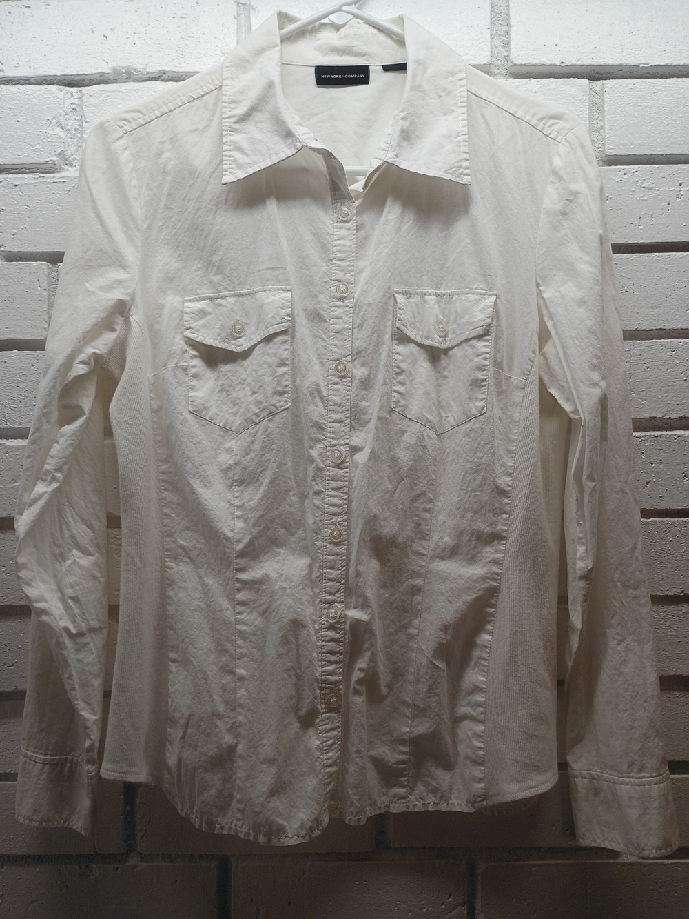 New York & Company White Women's Button-Down Long Sleeve Pocketed Collar Shirt